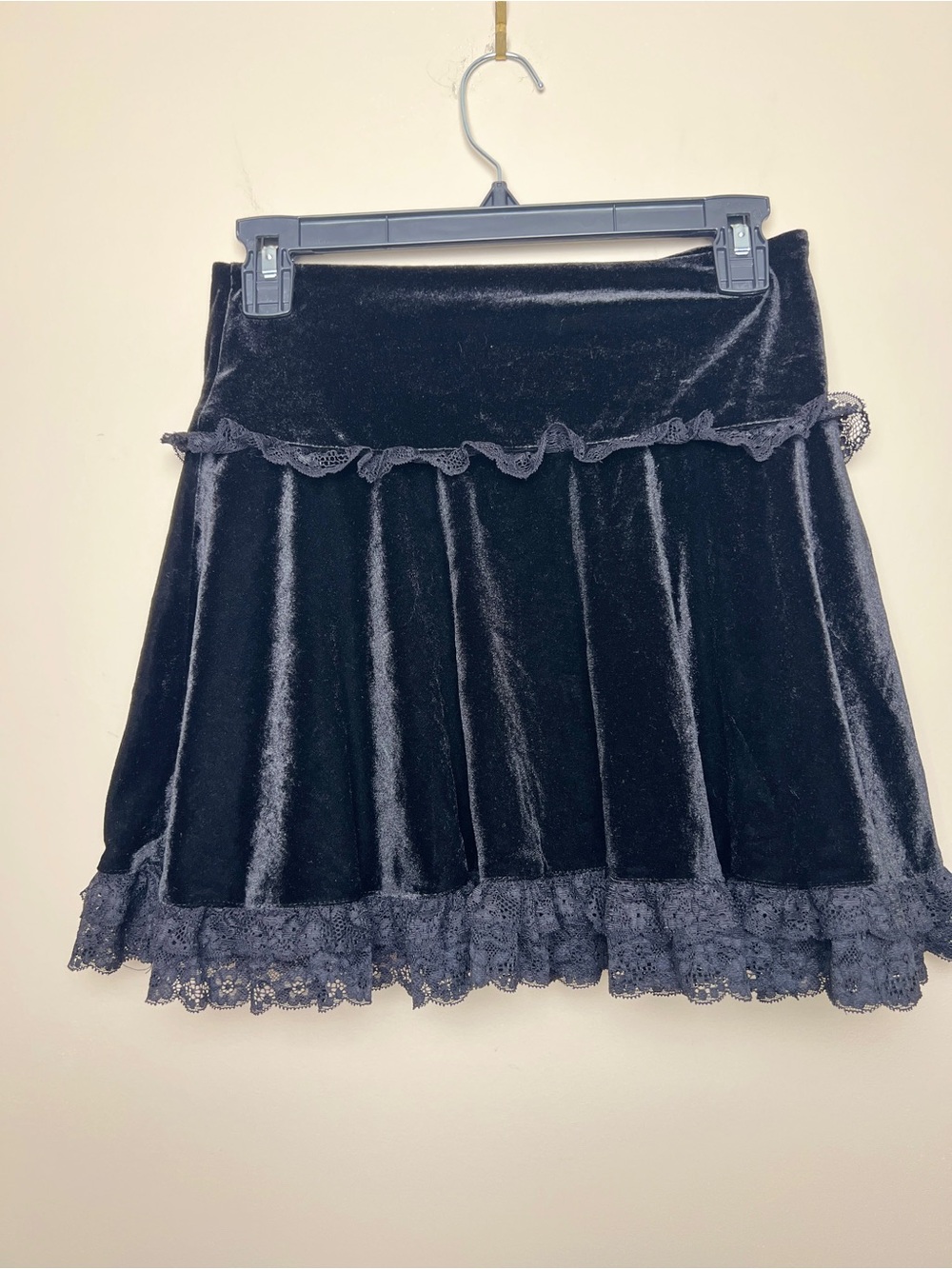 Black Velvet Gothic Mini Skater Skirt with Lace Trim & Cross Detail - Picture 5 of 7